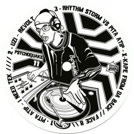 Center label of Psychoquake 11, freetekno vinyl.