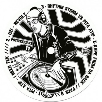 Center label of Psychoquake 11, freetekno vinyl.