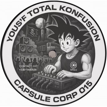 Center label of freetekno vinyl Capsule Corp 015 by Yous'f Total Konfusion